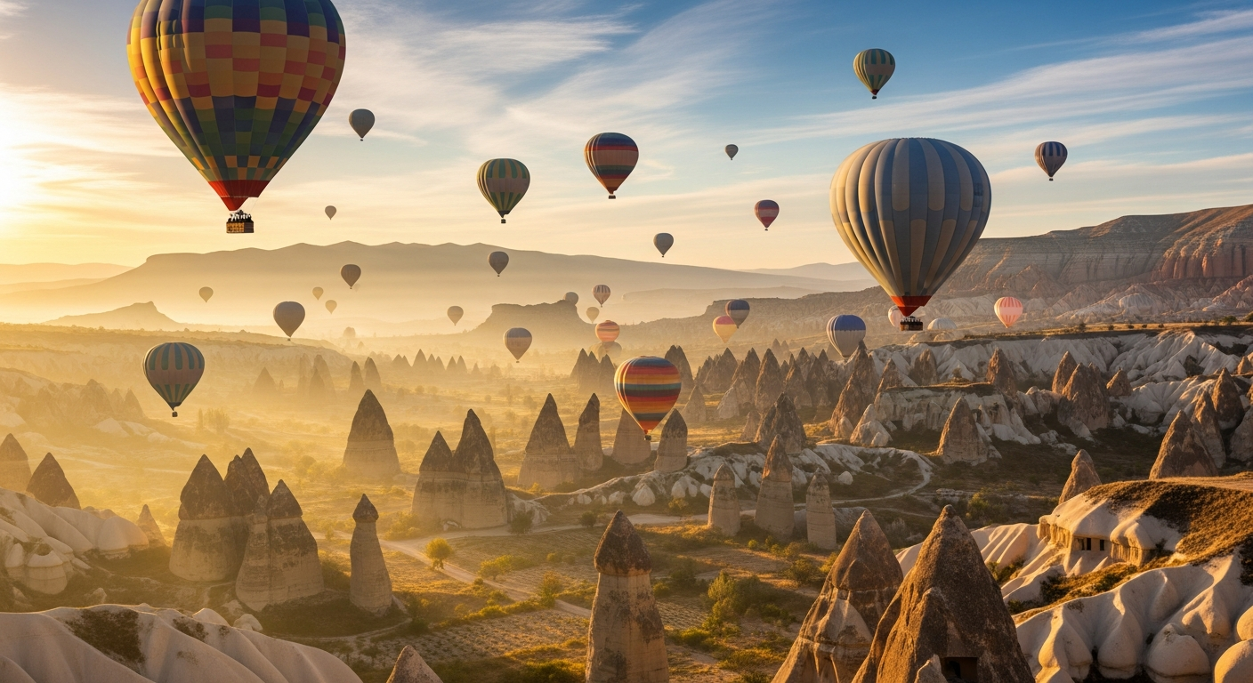 Hot air balloons over Cappadocia at sunrise
